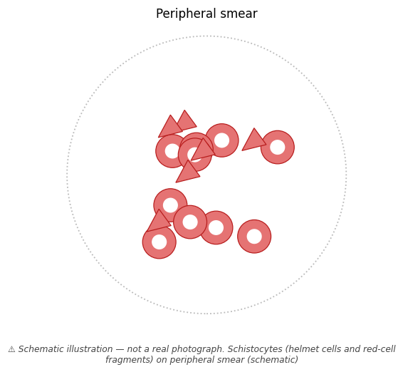 Schistocytes (helmet cells and red-cell fragments) on peripheral smear (schematic)