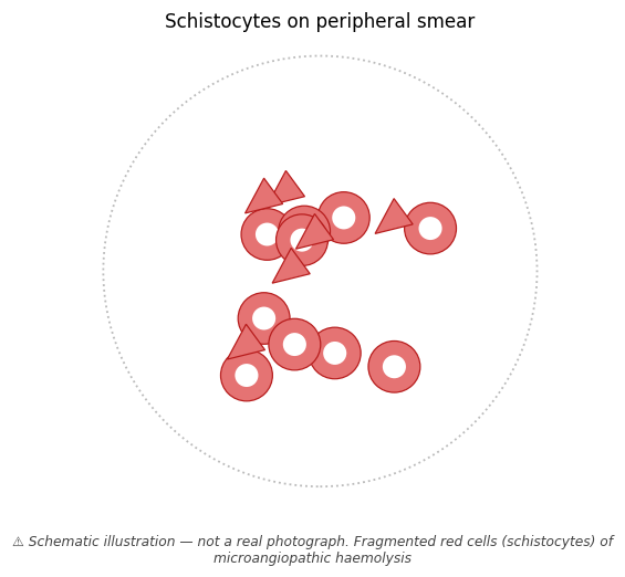 Fragmented red cells (schistocytes) of microangiopathic haemolysis